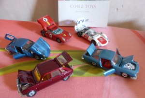 Corgis from the sixties: Ferrari 250 LM, Porsche Carrera 6, Renault 16TS, Ghia 6.4L and Jaguar E Type 2+2